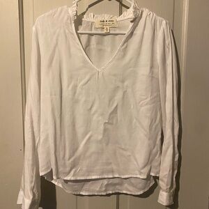 cloth & stone White V-Neck Ruffle Collar Long Sleeve Blouse